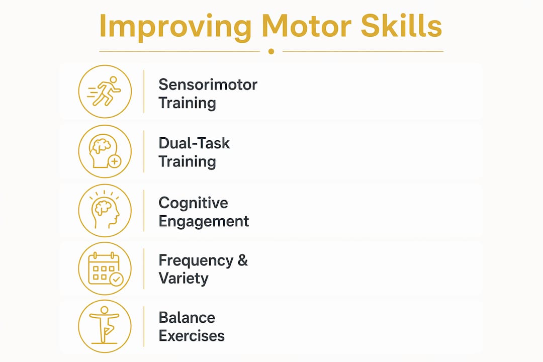 Infographic illustrating methods to improve adult motor skills
