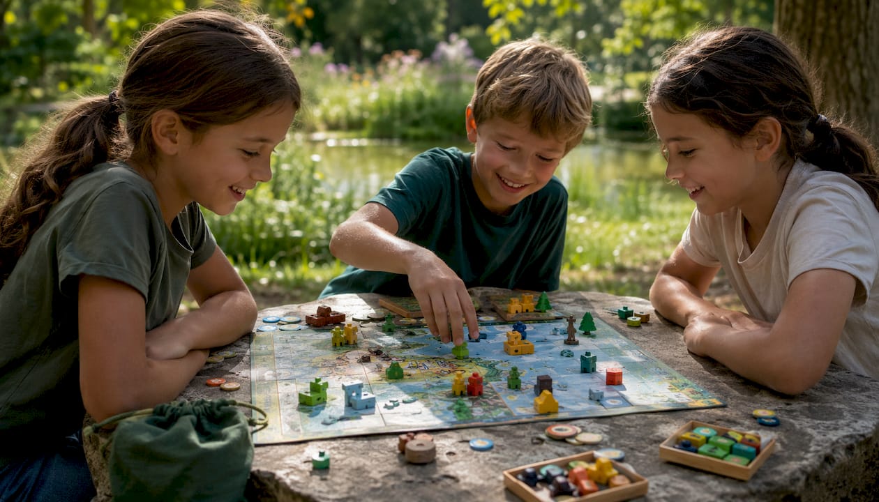 Des enfants s’amusent ensemble autour d’un jeu de société coopératif sur l’écologie.