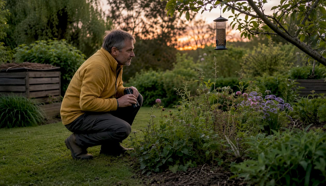 Man observing native garden habitat with binoculars