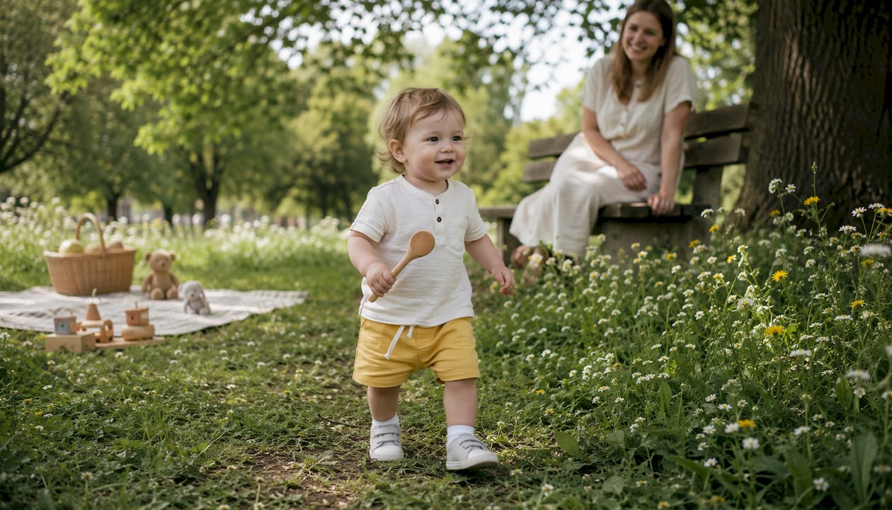 Toddler walking outdoors practicing motor skills