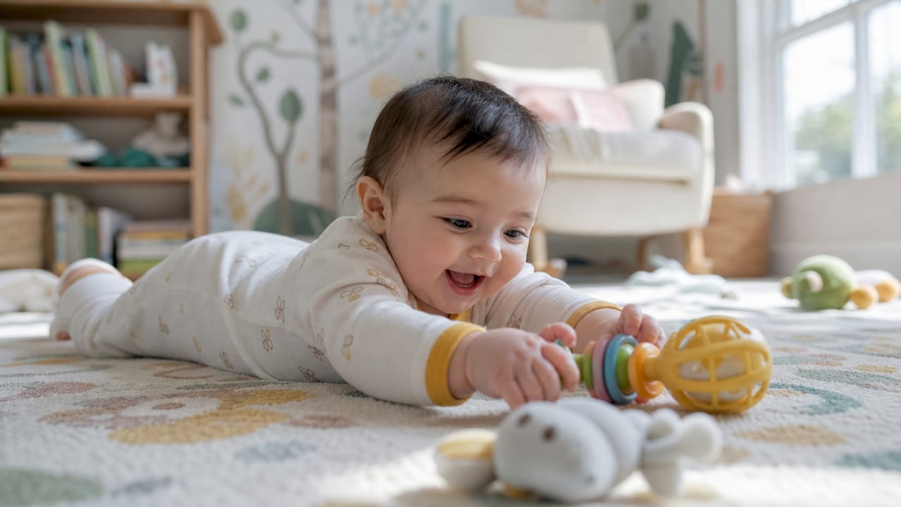 Close-up of infant hands grasping rattles