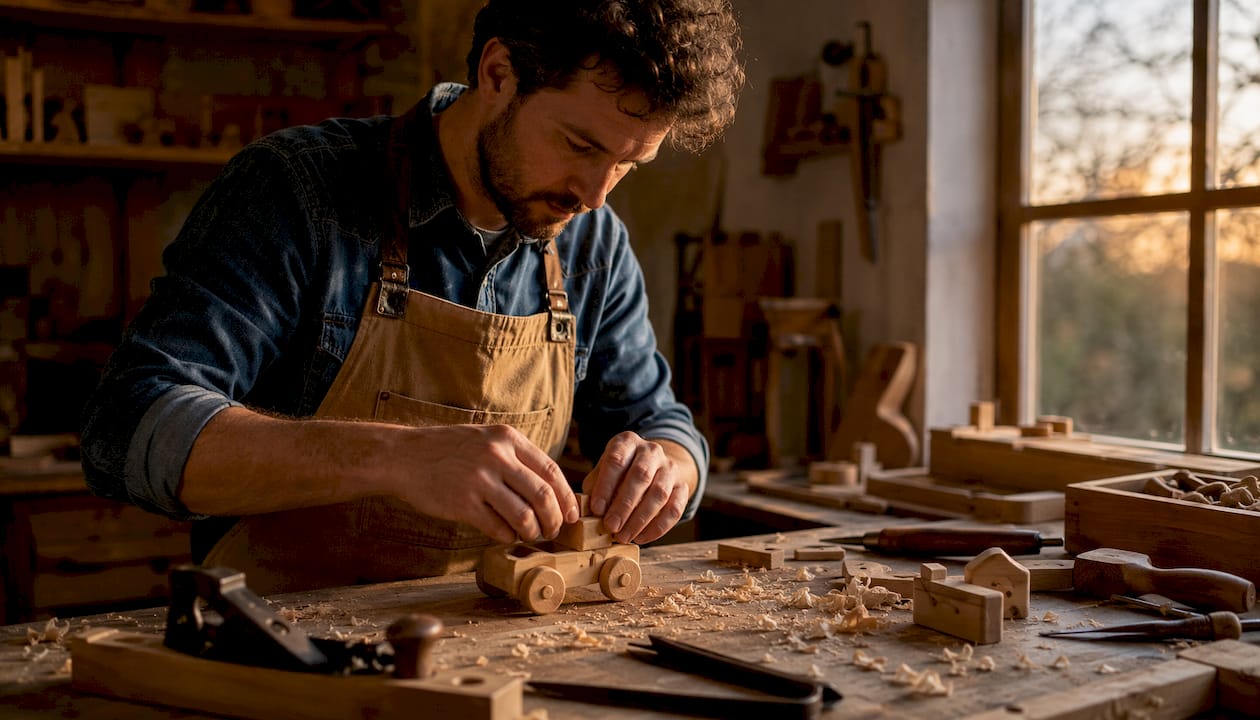 Un artisan façonne avec minutie un jouet en bois, accordant une attention particulière à chaque détail.