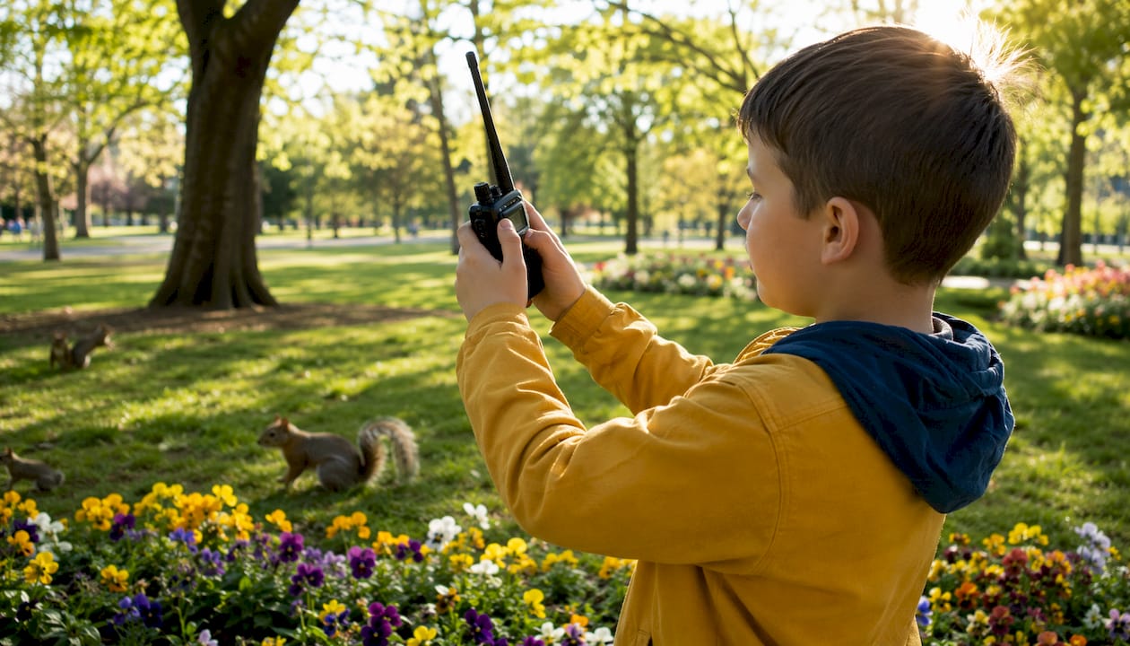 Child's hands holding walkie talkie close-up
