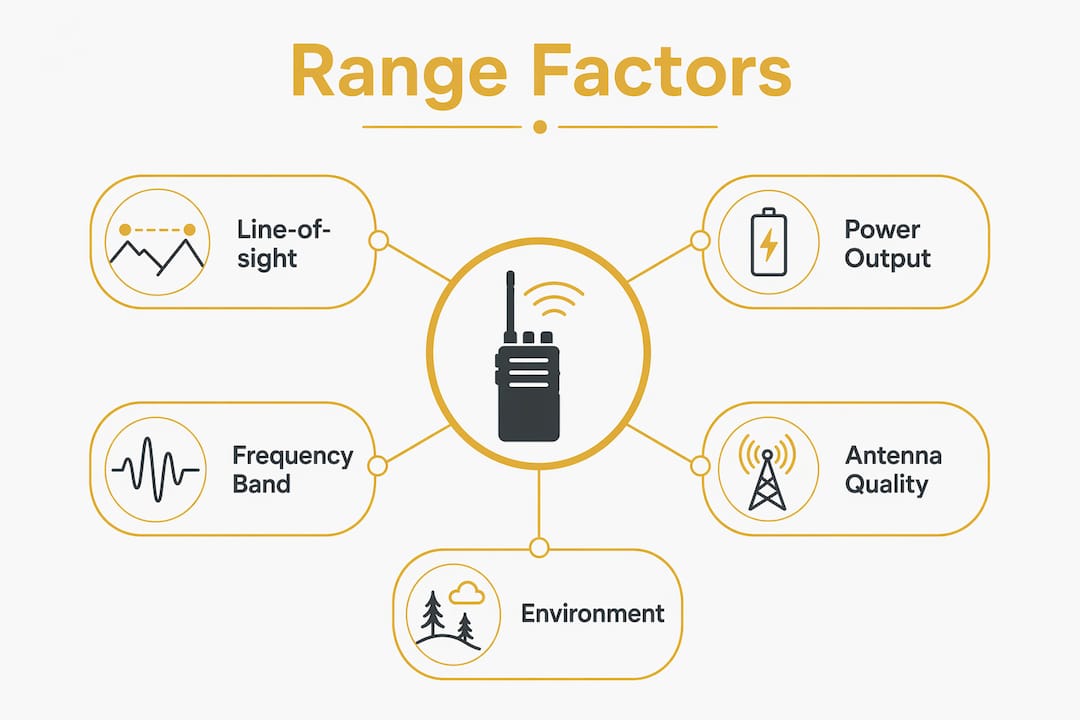 Infographic illustrating key factors affecting walkie talkie range