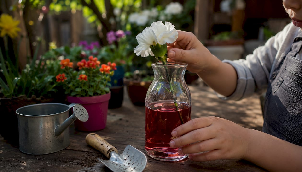 Des mains déposent une fleur blanche dans un récipient rempli d’eau colorée, en plein air.