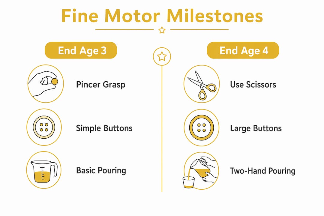 Infographic showing fine motor skill milestones by age 3 and 4