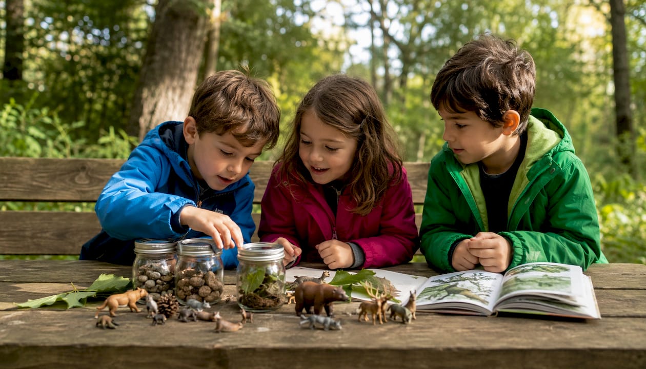 Des enfants découvrent la nature grâce à un kit pédagogique, en plein air.