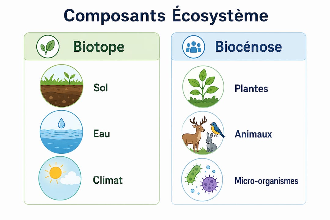 Infographie : mise en parallèle des éléments constitutifs du biotope et de la biocénose
