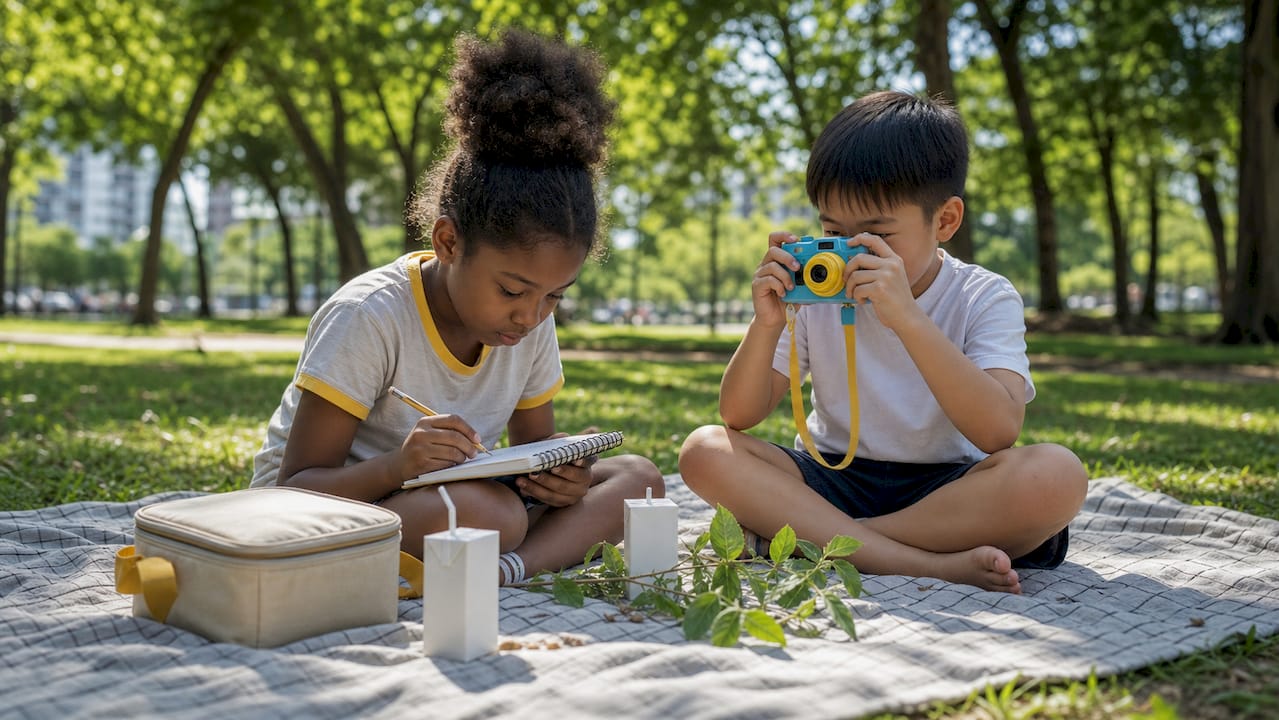 Kids exploring and photographing plants in park