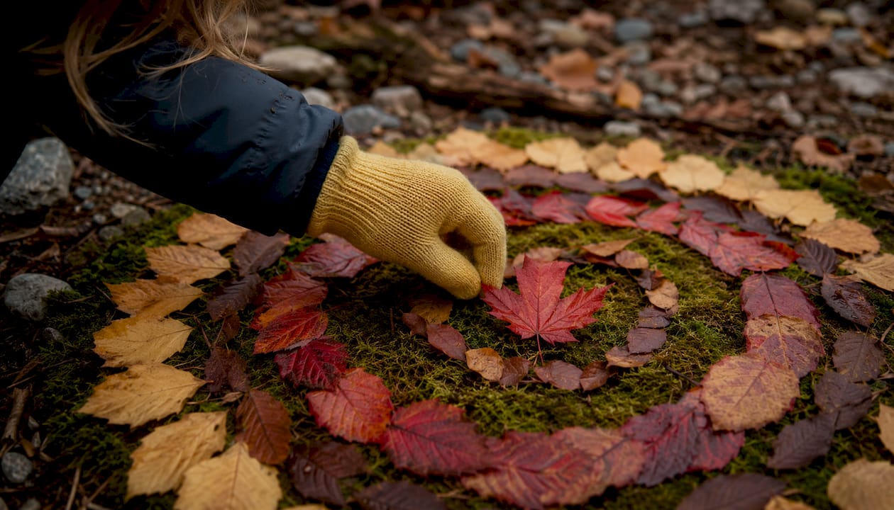 Une petite main d’enfant dispose délicatement une feuille au cœur d’un mandala automnal.
