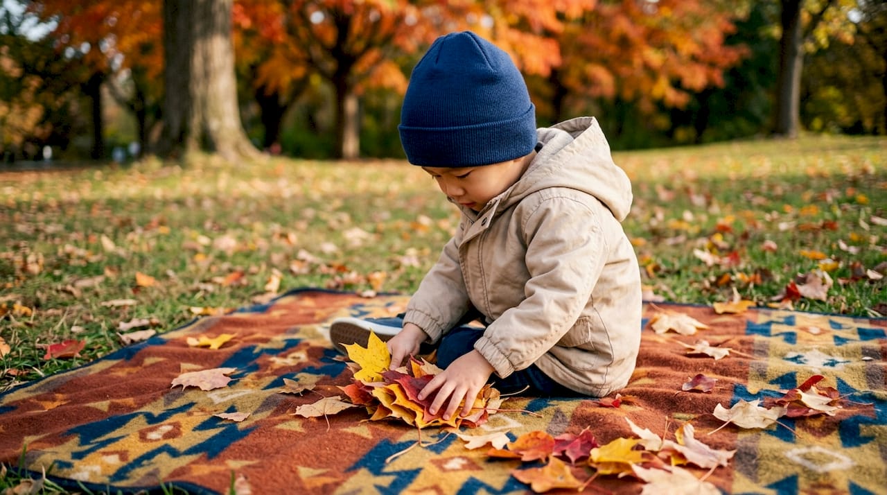 Un enfant s’amuse à disposer des feuilles d’automne en ligne pour créer un joli dégradé de couleurs.