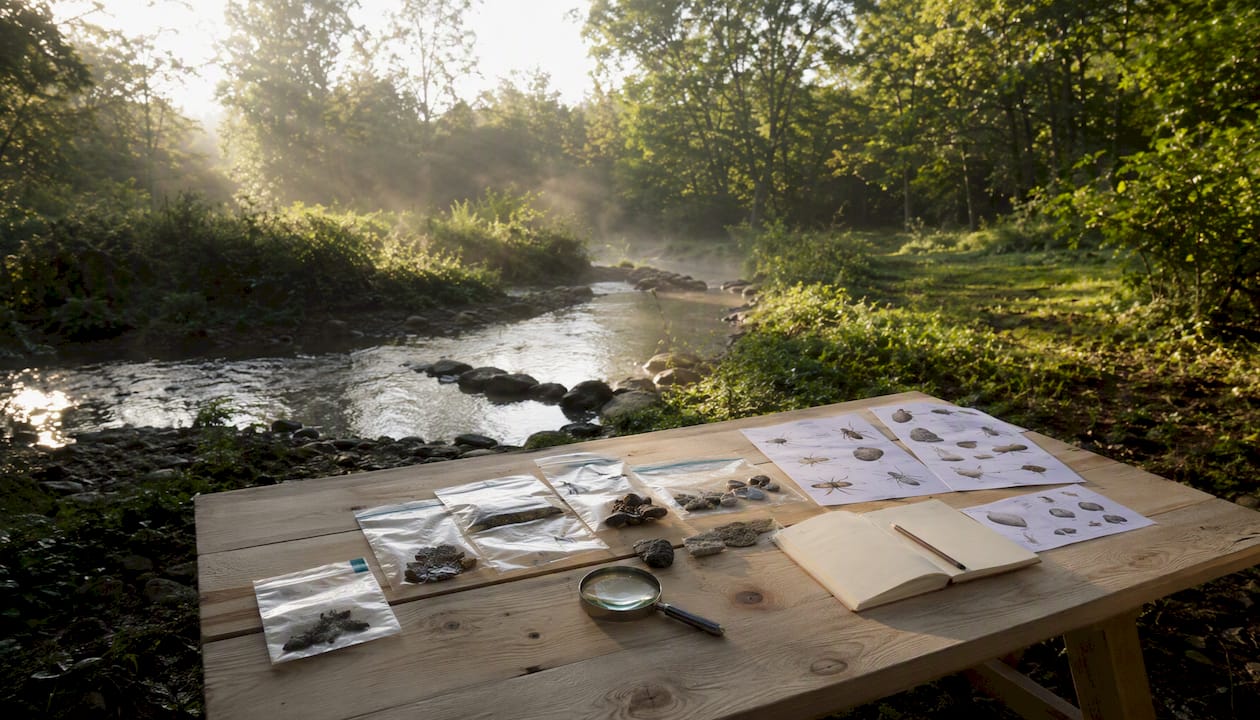 Tout le nécessaire pour la chasse au trésor en pleine nature est déjà installé sur la table, prêt à être utilisé.