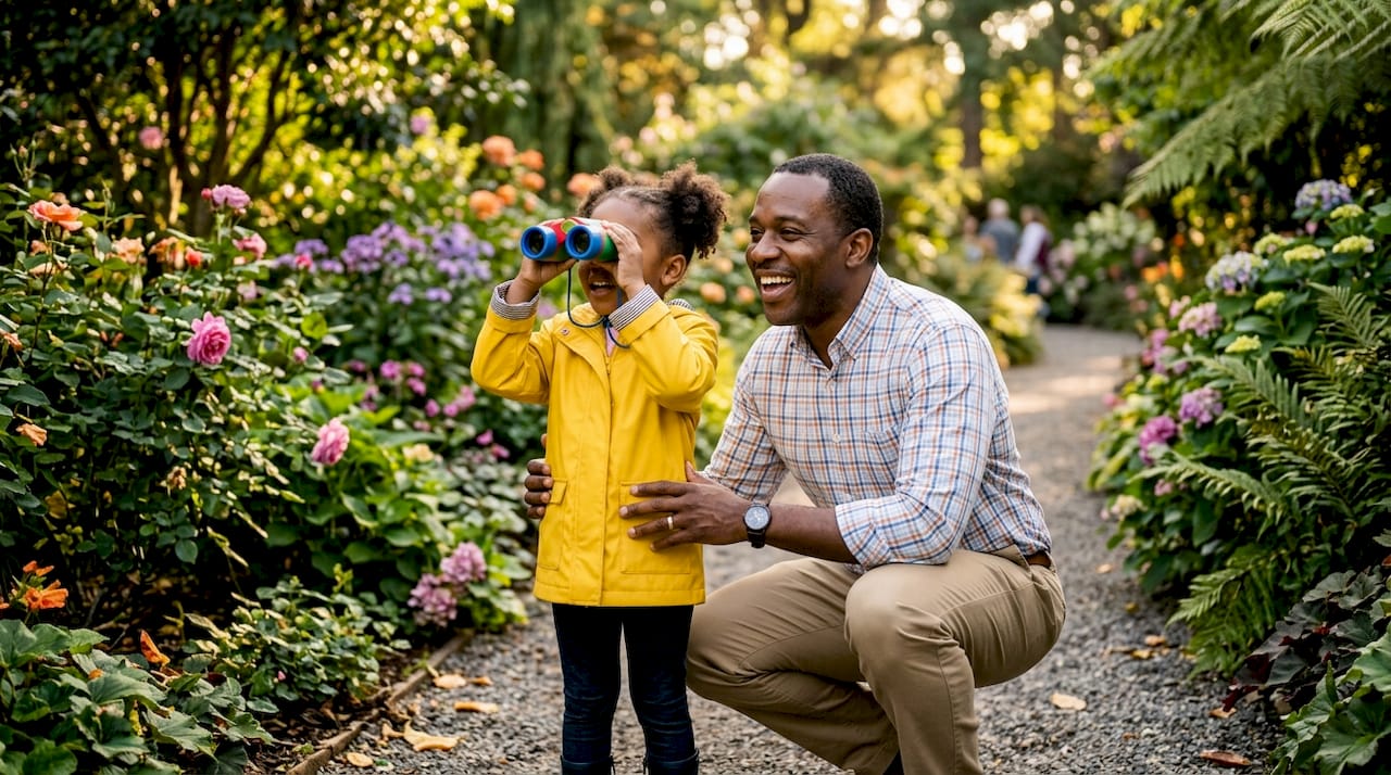 Father and daughter bonding with binoculars outdoors