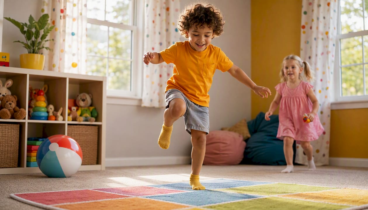 Preschool children playing indoor hopping game