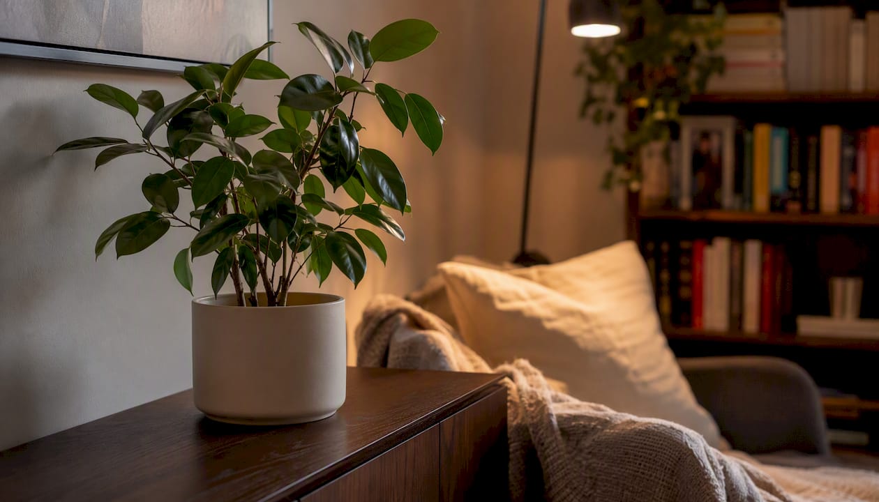 Un ficus en pot apporte une touche de verdure dans un salon baigné de lumière et propice à la détente.