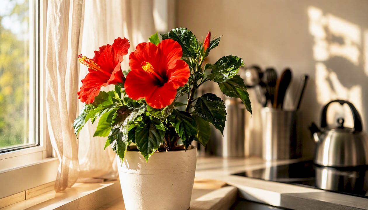 Un hibiscus éclatant posé sur le rebord d’une fenêtre intérieure