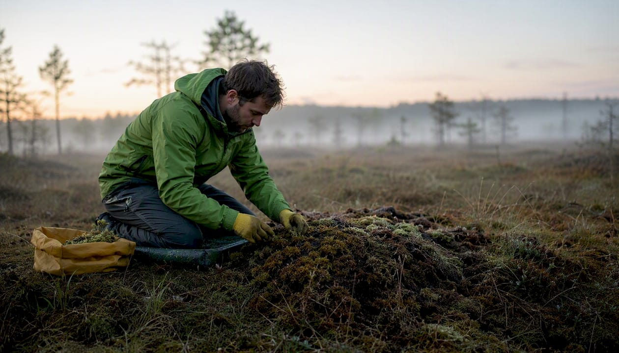 Conservationist planting sphagnum moss in peatland