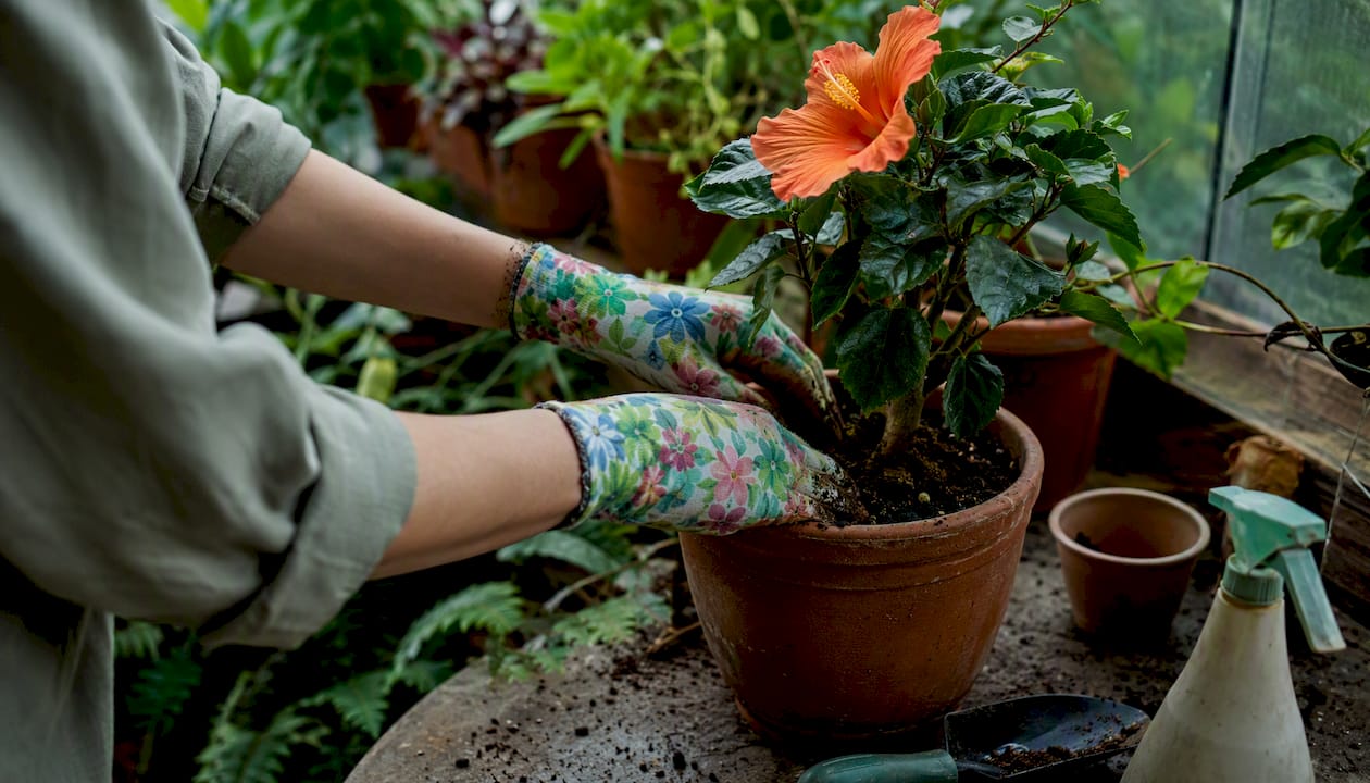 On vérifie le taux d’humidité de la terre d’un hibiscus en pot avec les mains.