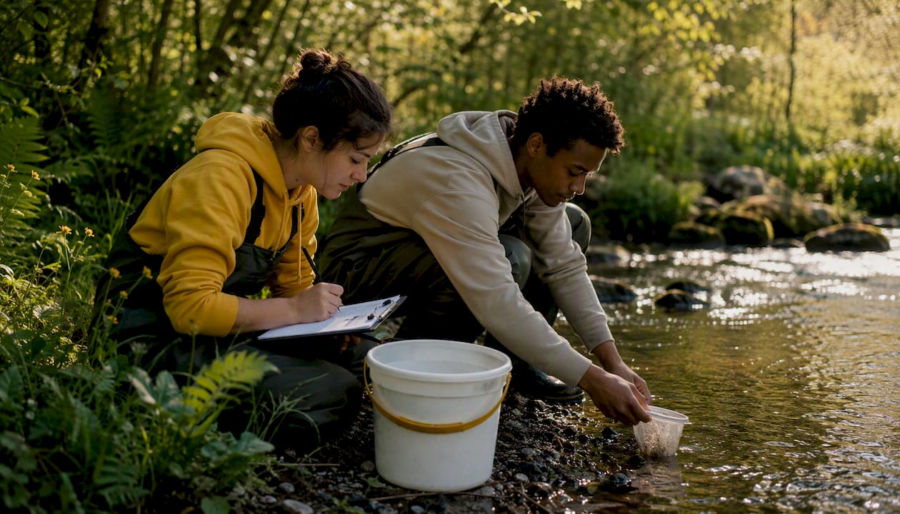 Volunteers surveying wetland species in water