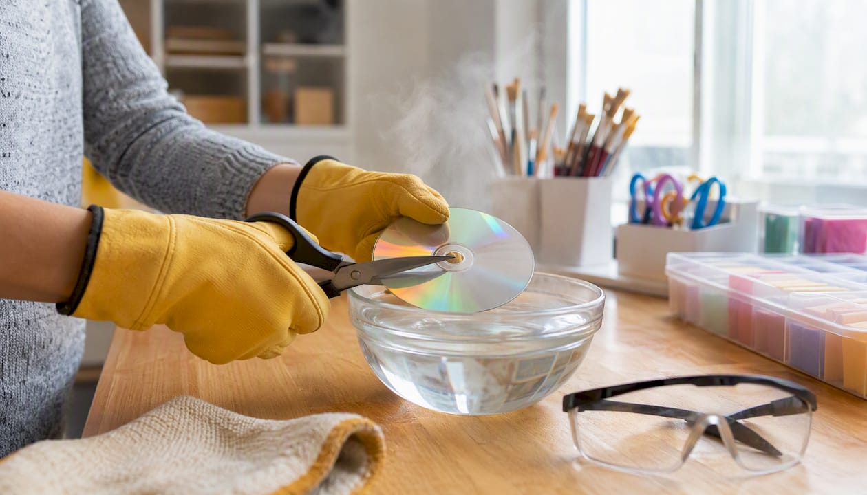 Gloved hands cutting softened CD safely on craft mat