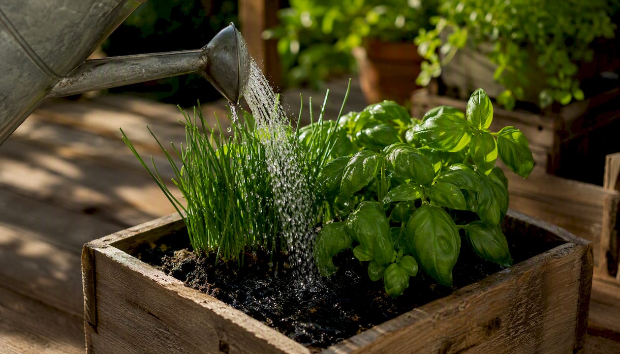 Watering herbs in a small garden pot