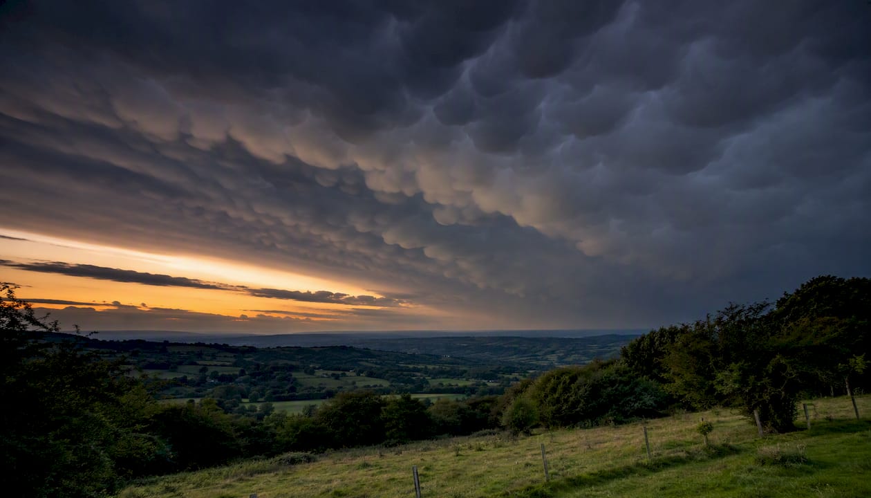Mammatus clouds texture over countryside