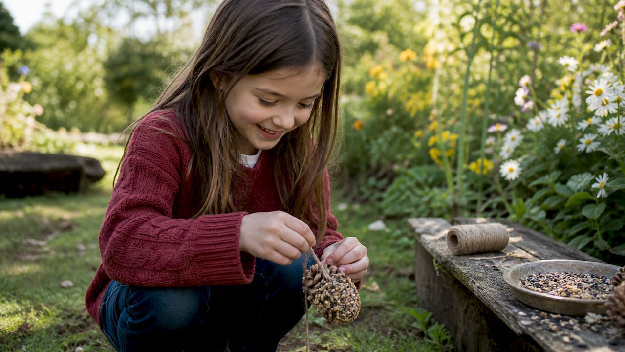 Child hands making pine cone bird feeder