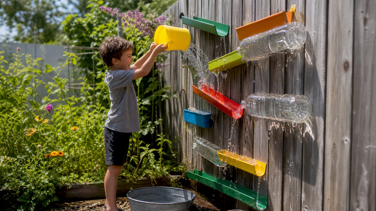 Child pouring water into DIY water wall outdoors