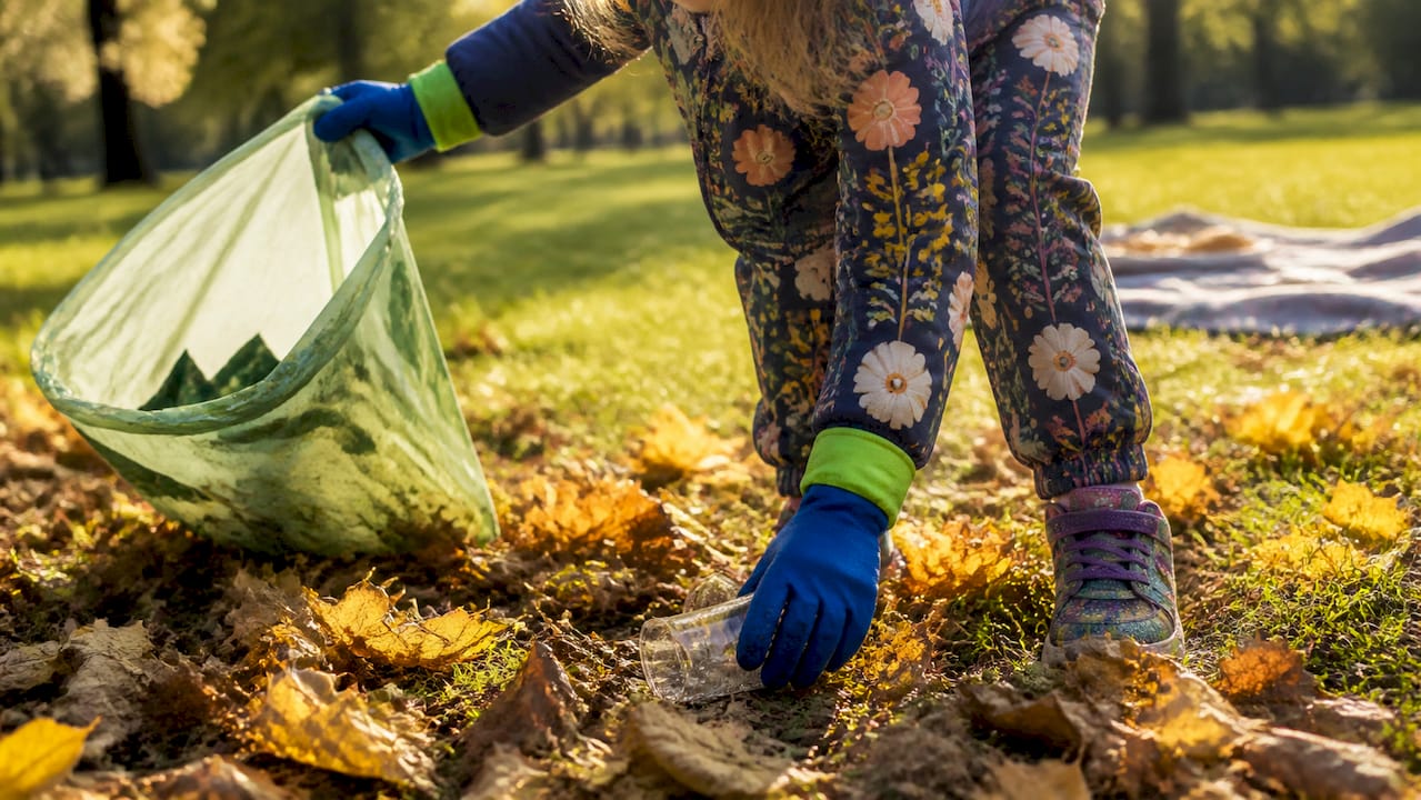 Child collecting plastic litter in UK park