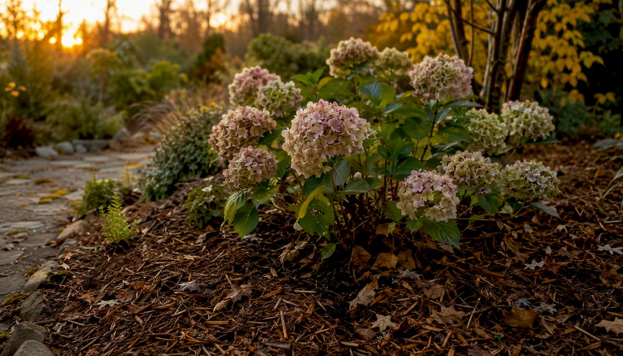 Massif d’hortensias paillé avec de l’écorce de pin et un mulch de feuilles, pour un sol riche et préservé naturellement.