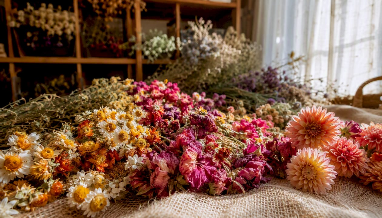 Un assortiment de fleurs soigneusement disposées pour le séchage à l’intérieur
