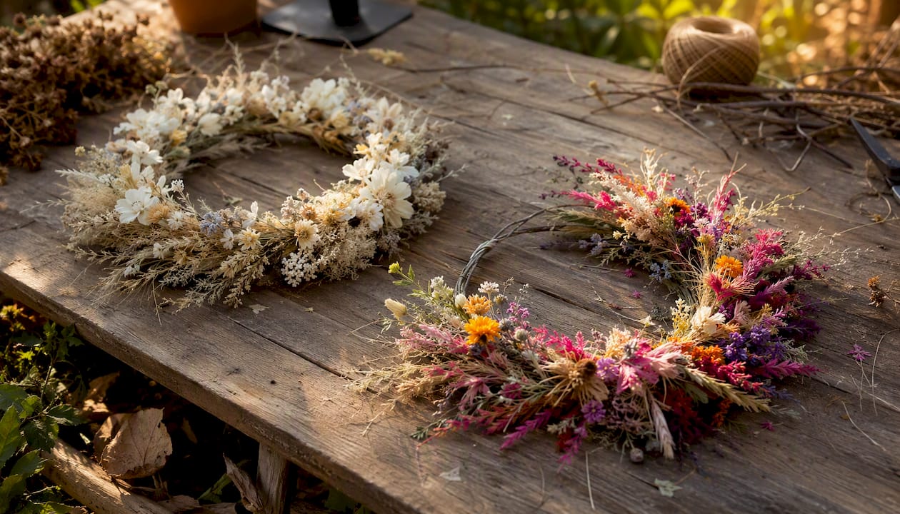 Deux inspirations pour réaliser des couronnes de fleurs séchées, présentées côte à côte pour comparer styles et ambiance.