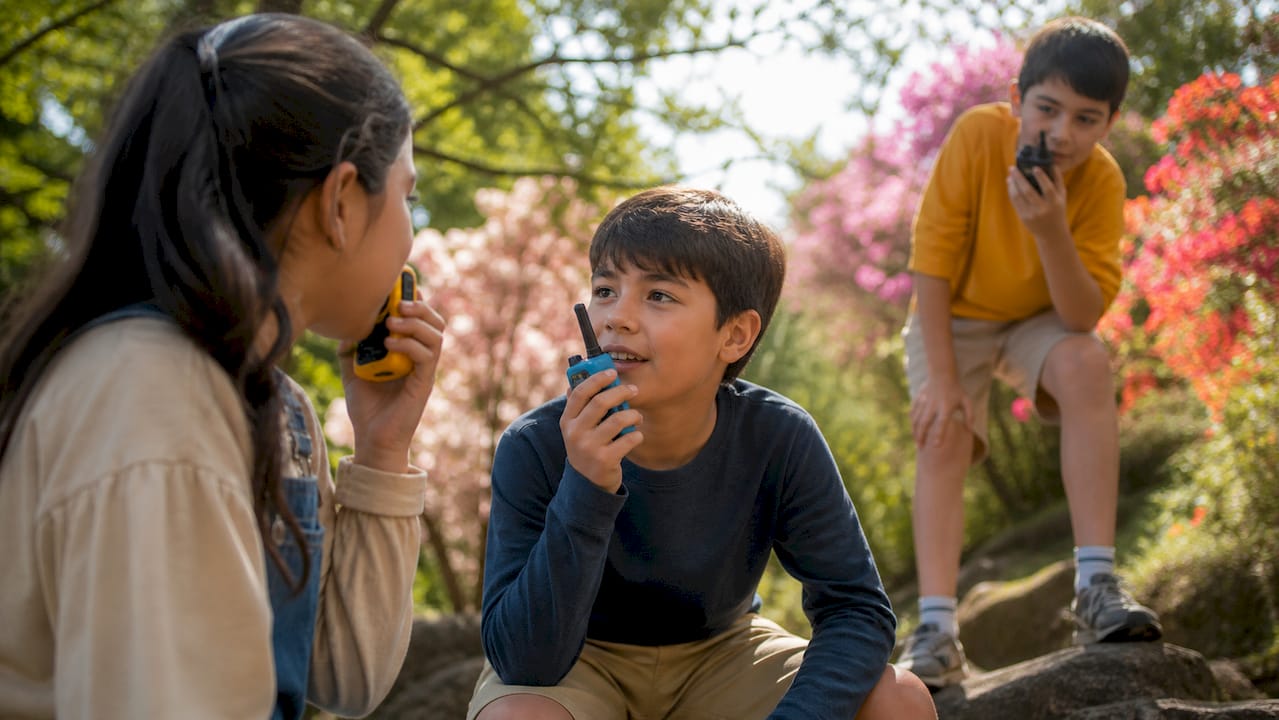 Children using walkie-talkies outdoors