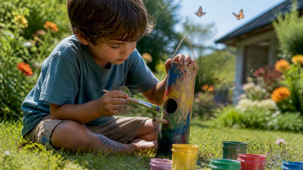 Child painting recycled cardboard bird feeder