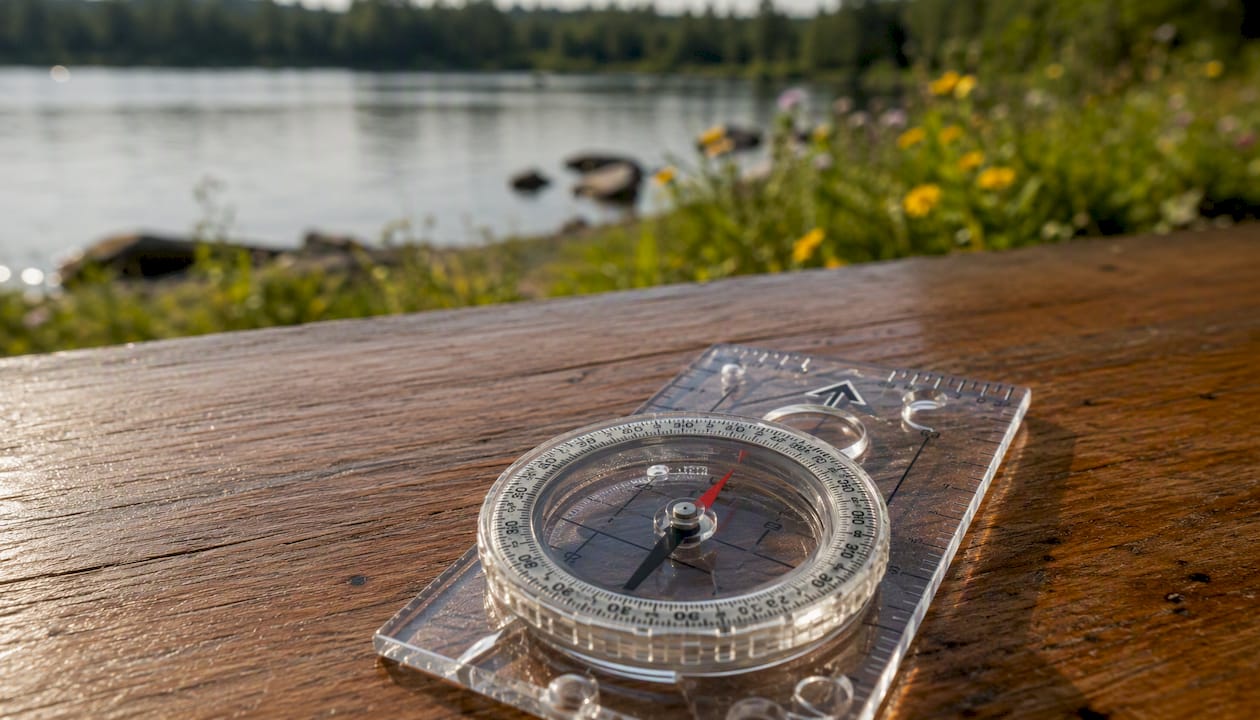 Close-up of compass parts on stone surface