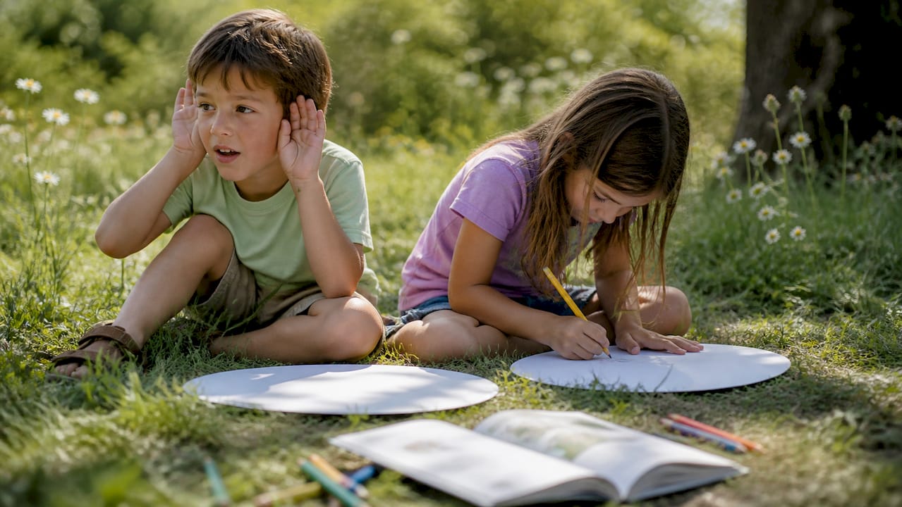 Kids drawing sound maps outdoors