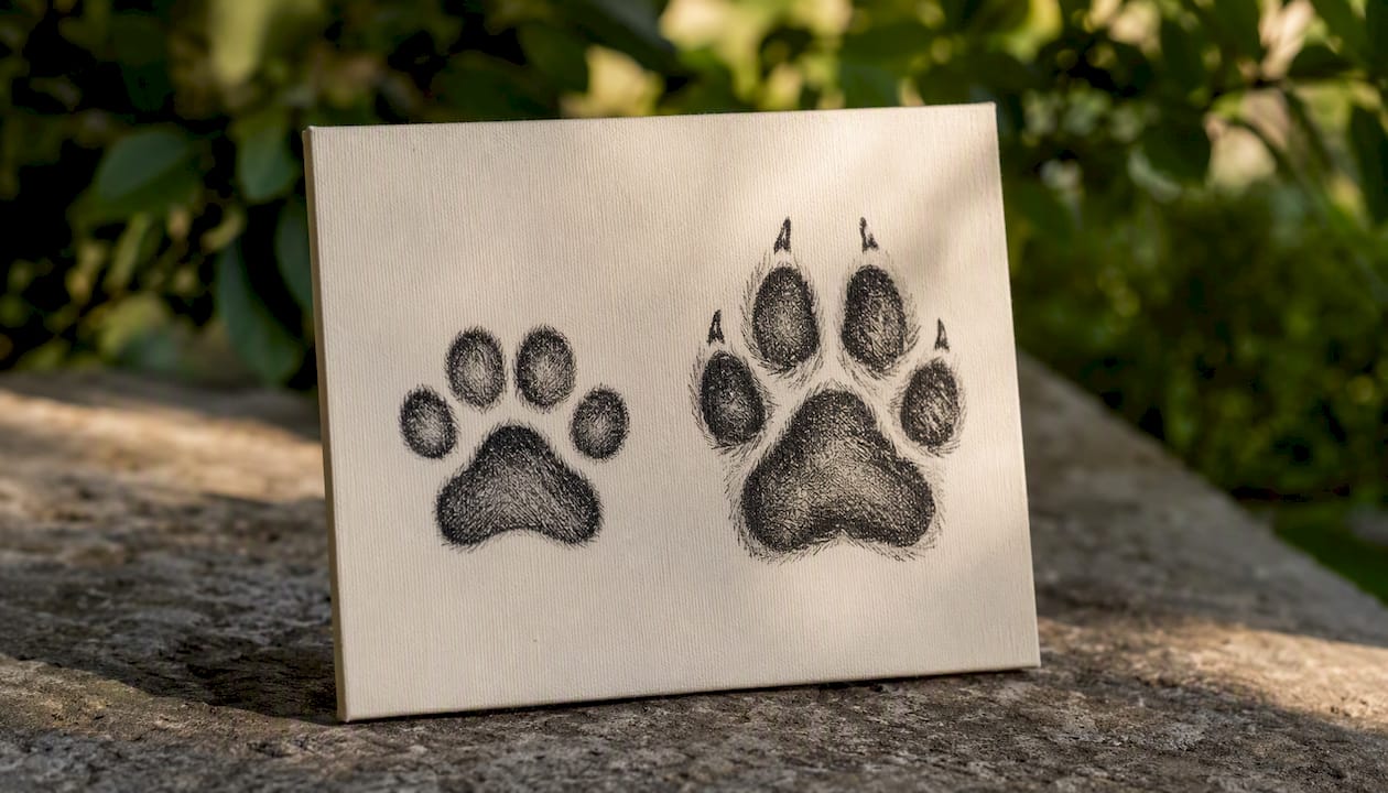 Illustration à l'encre mettant en scène les empreintes de pattes de chat et de chien