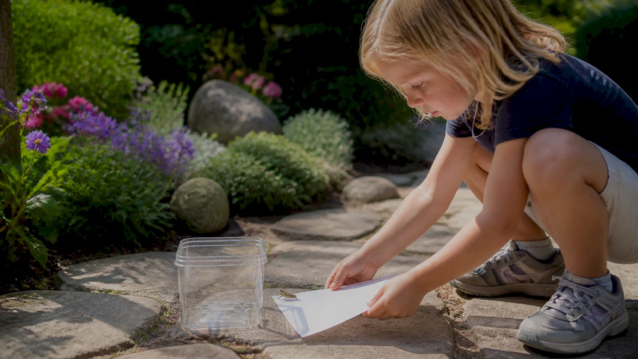 Child using paper to catch insect safely