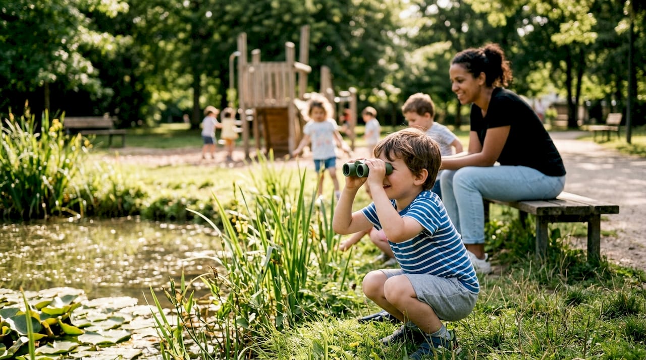Des enfants s’amusent dans un parc, profitant du grand air et de la verdure.