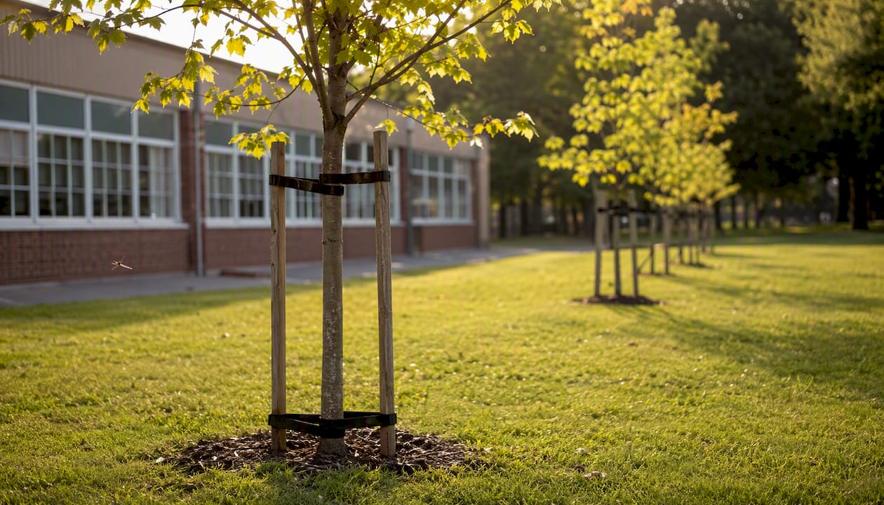 Young trees in schoolyard with sunlight