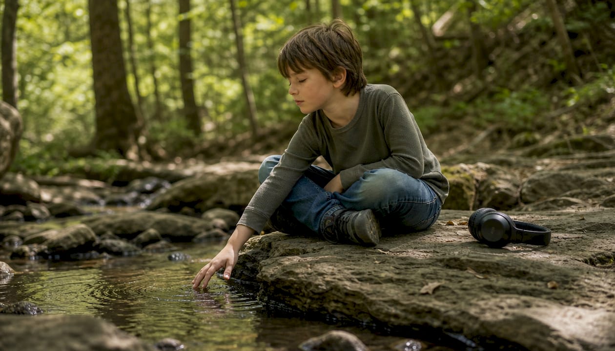 Un enfant s'amuse à reconnaître et à classer les sons de la forêt lors d'un atelier sensoriel.