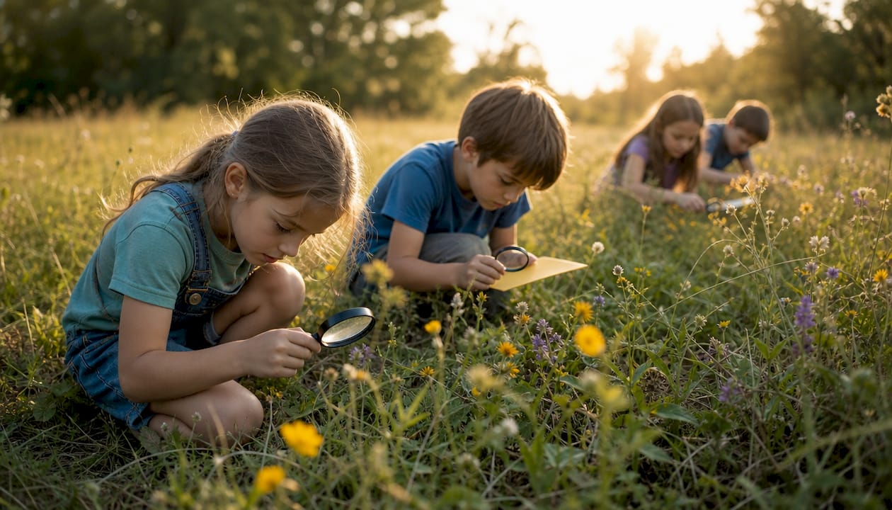 Children bug hunting with magnifying glasses