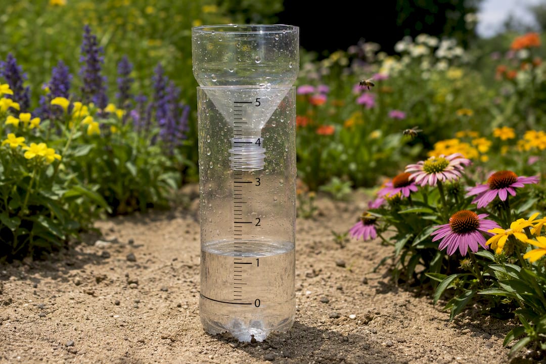 Rain gauge with water level on grass