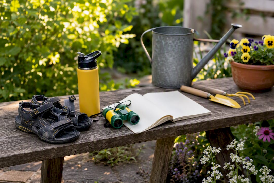 Ready habit environment with sneakers and binoculars