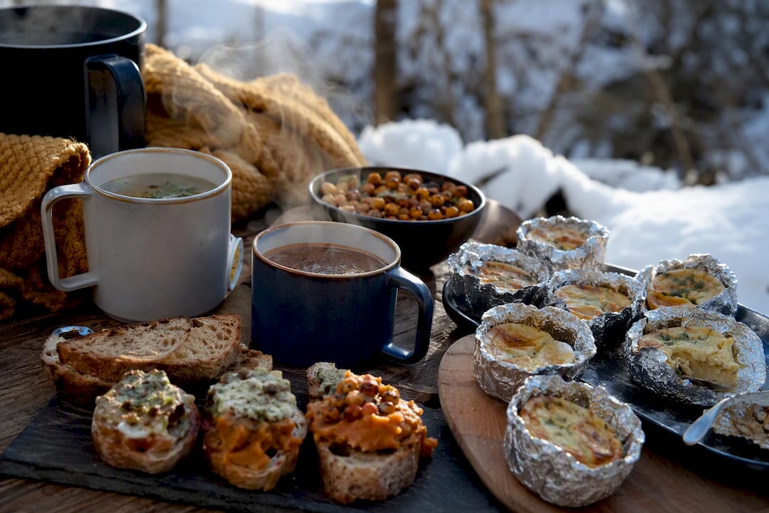 Winter party food and hot drinks outdoors