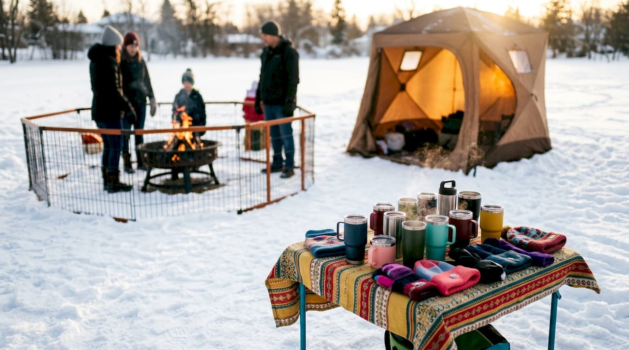 Outdoor warming stations with firepit and tent