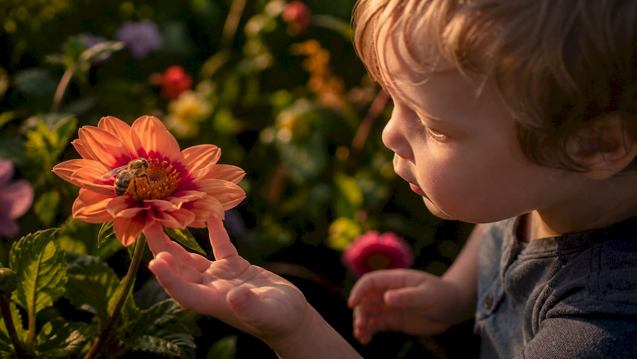 Un enfant observe une abeille butiner une fleur