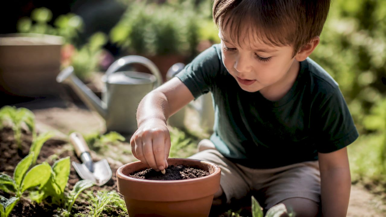 Les mains d’un enfant plantant une graine dans la terre du jardin