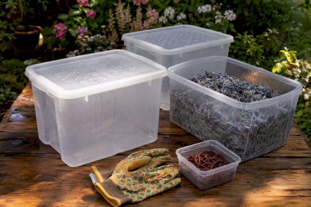 Two opaque plastic tubs with bedding for worm farm