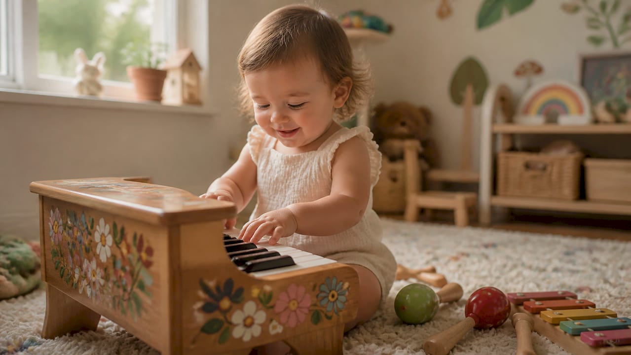 Un tout-petit joue avec un piano jouet à l'intérieur